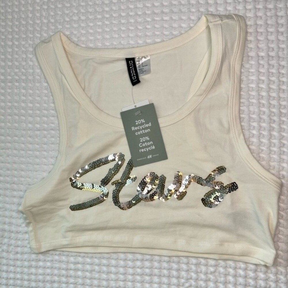H+M Crop Top Women’s Large White with Sequins Stars Summer Trend Outfit Shirt A2 - Picture 2 of 5